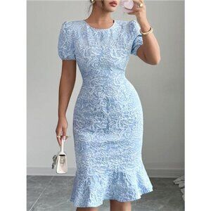 Rose Jacquard Bodycon Dress with Puff Sleeves